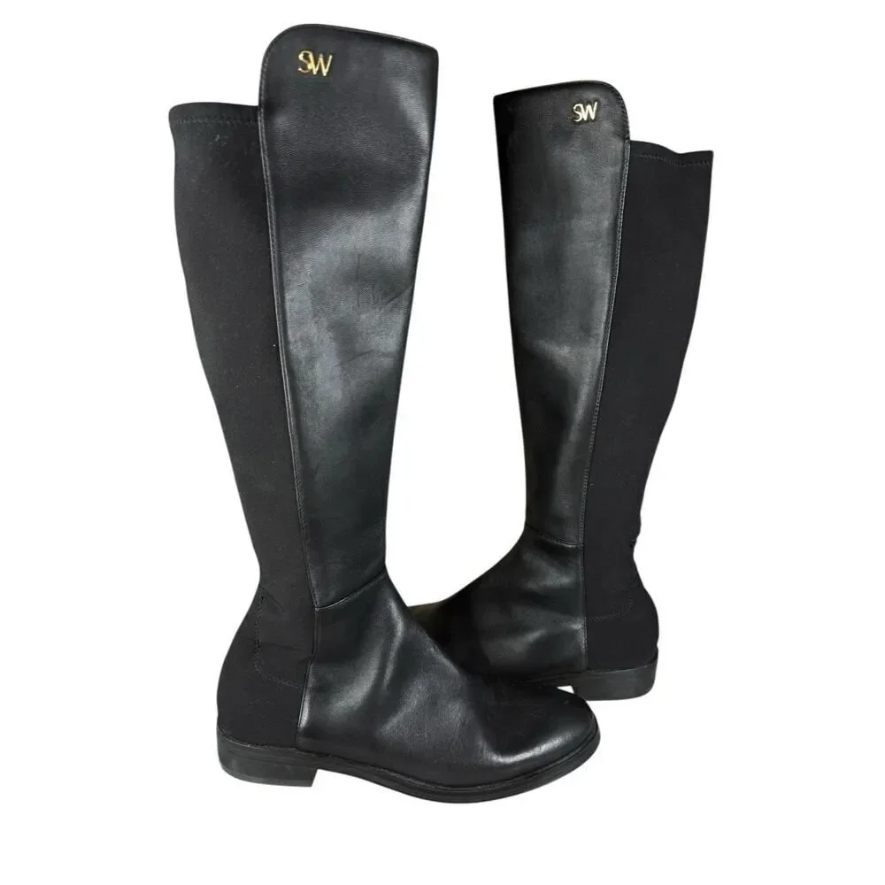 Stuart Weitzman Black Leather Stretch Riding Boots 8B Knee High SW Logo (defect)